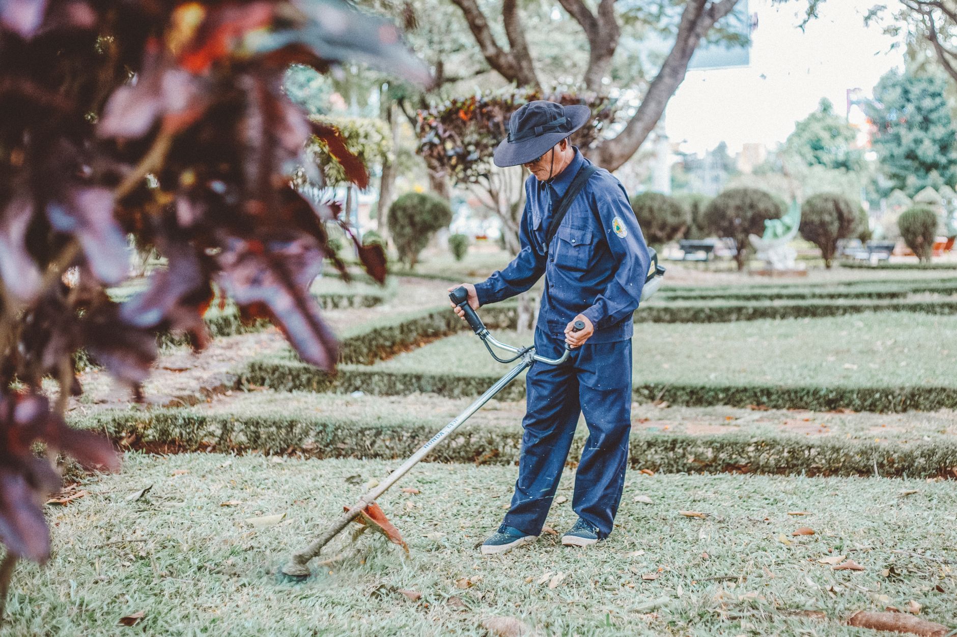 A landscaper trimming a yard