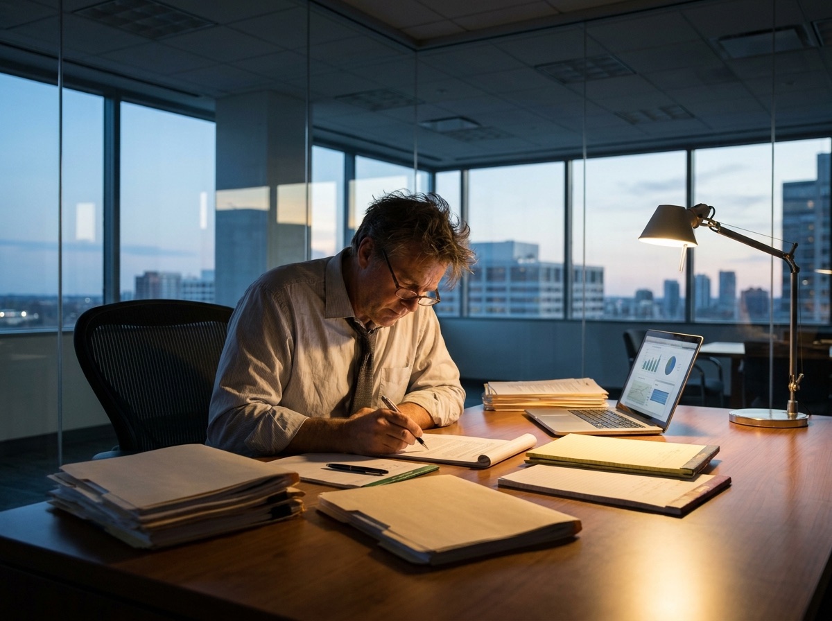 A lawyer buried in case files and legal documents, with no time to write marketing content