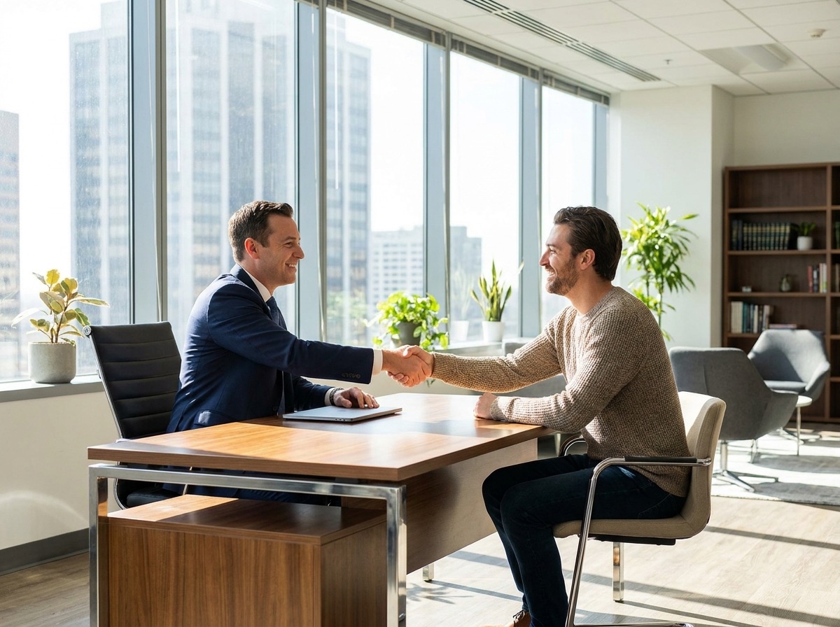 A lawyer shaking hands with a happy new client across a desk