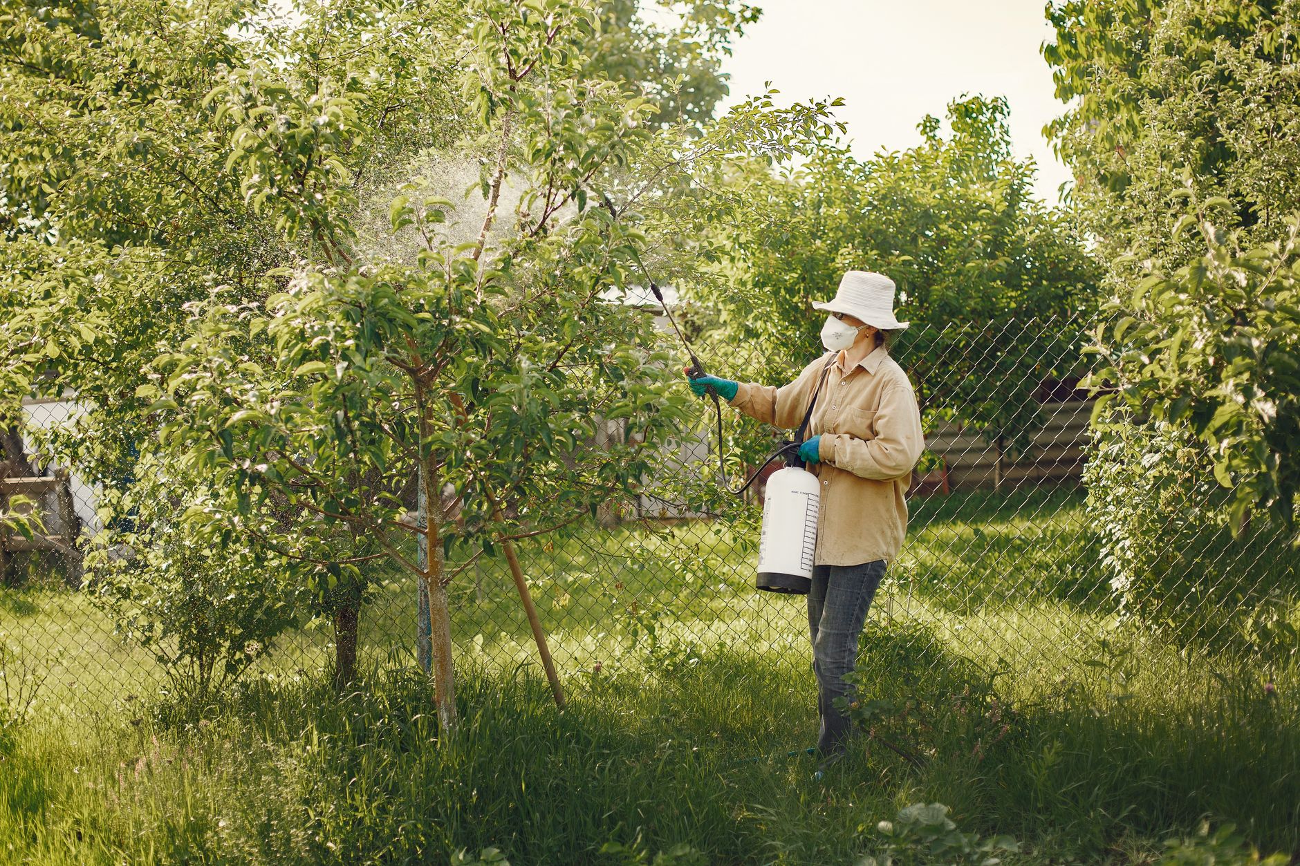 A pest control technician spraying a treatment around a property