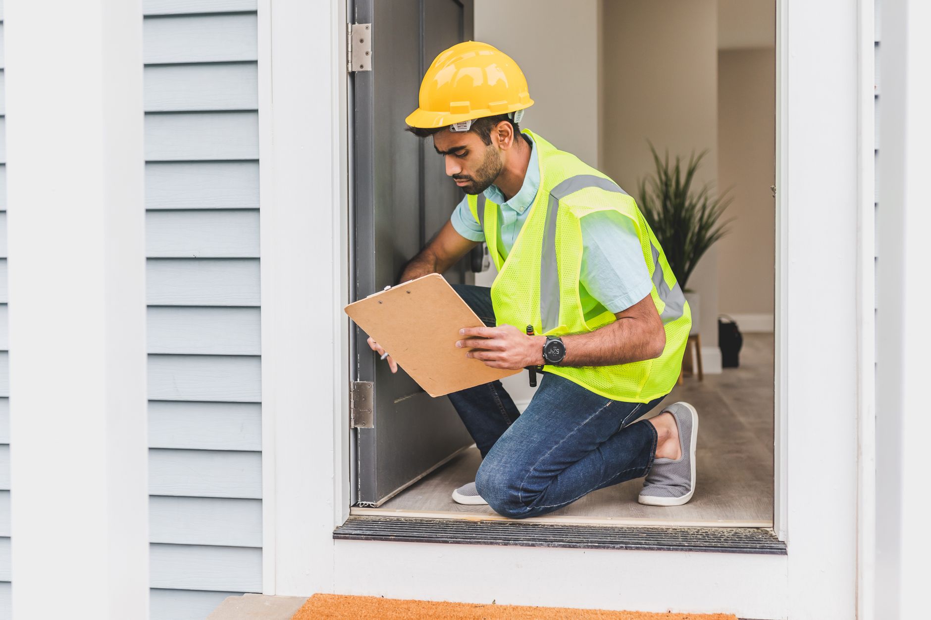 A uniformed pest control technician arriving at a home for a scheduled service visit