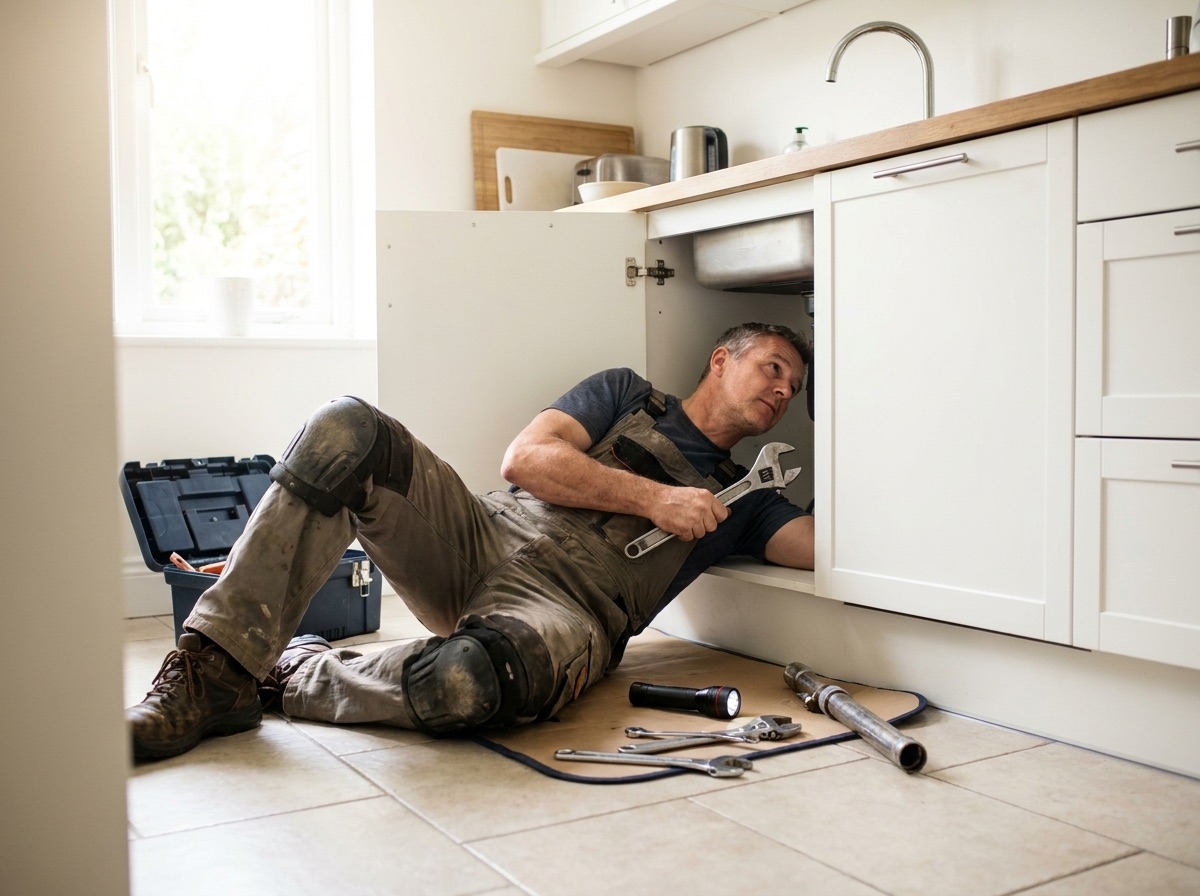 A plumber working under a kitchen sink, too busy on the job to write blog posts