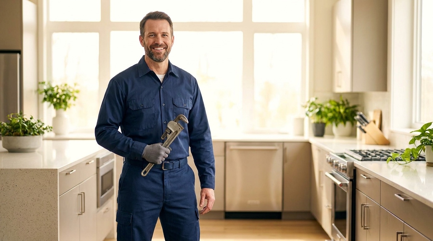 A friendly professional plumber holding a pipe wrench in a bright modern kitchen