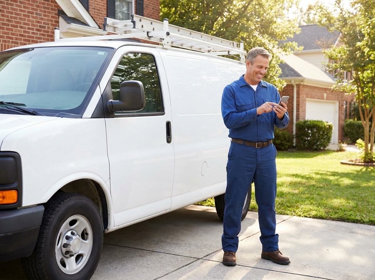 A happy plumber by their service van checking new job requests on a phone
