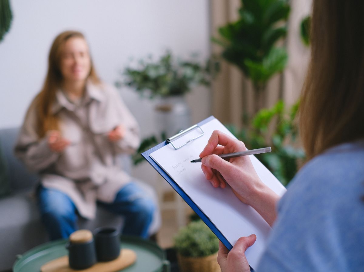 A therapist taking notes on a clipboard while listening to a client during a session